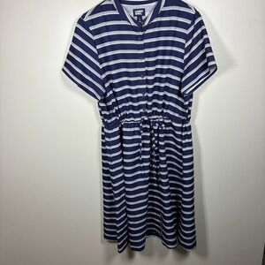 Lands End Womens Nautical Costal Dress Size L Navy Striped Midi Vacation